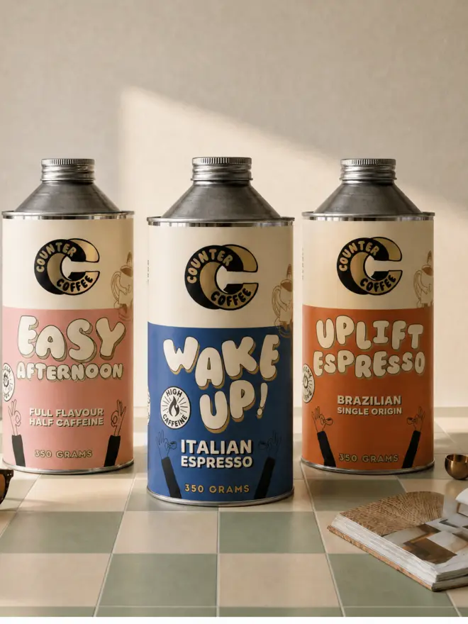  3 Counter Coffee tins containing coffee