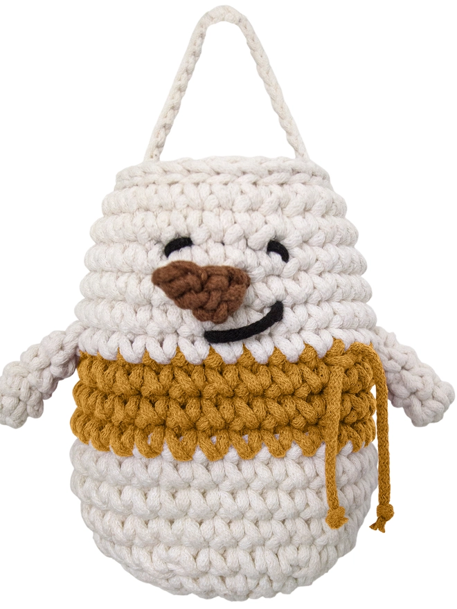 chrochet snowman hanging basket mustard