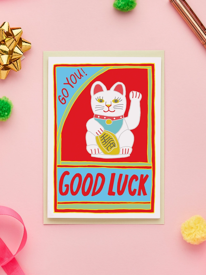 Quirky Good Luck Card Featuring a Chinese Lucky Cat 