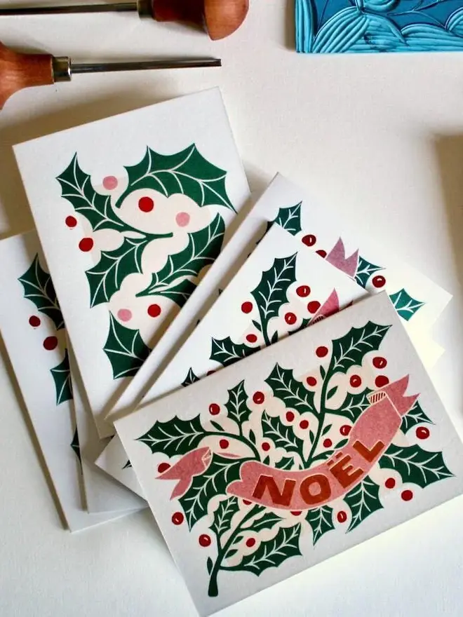 holly leaves noel christmas card 6 pack