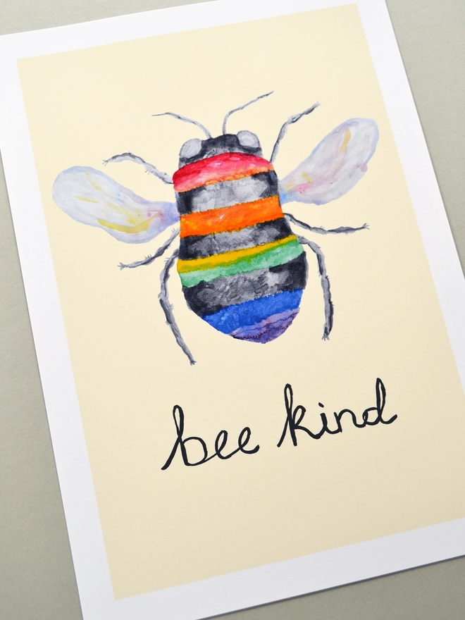 Close up of an art print saying 'Bee kind'