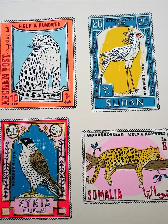 Animal Stamps Screenprint National Birds And Beasts, a set of colourful animal designs on a white screenprint. 