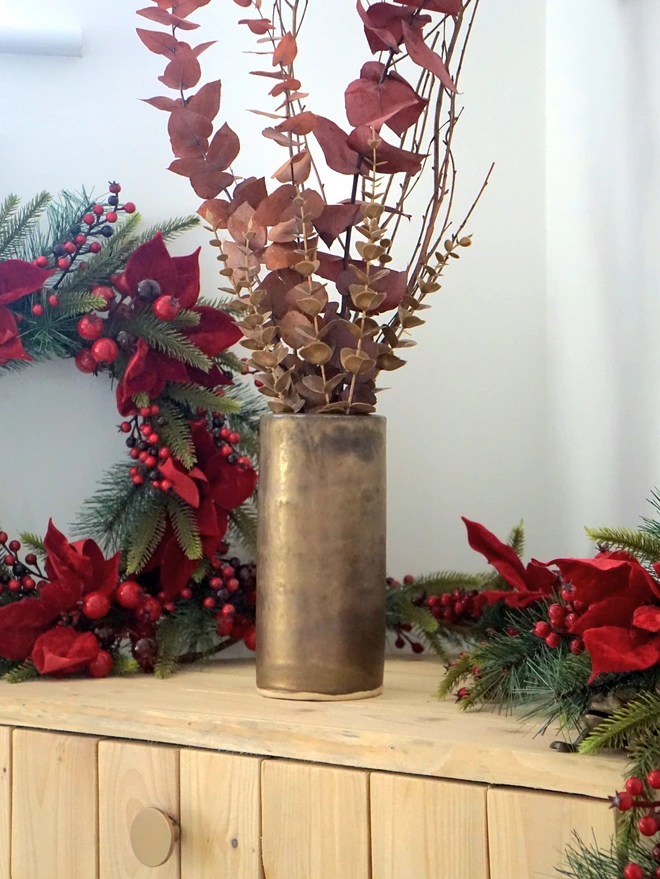 christmas vase, large gold vase, metallic vase, gold ceramic vase, bronze ceramic vase, statement vase, Christmas homeware, christmas accessories, gold christmas decor, Jenny Hopps Pottery