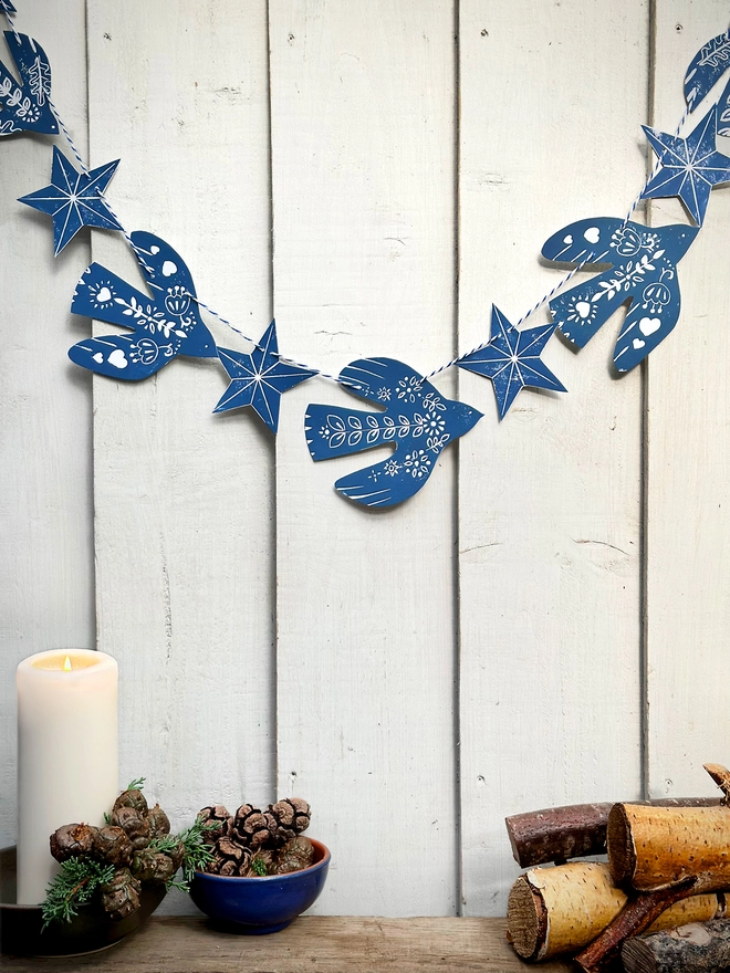 Traditional Nordic Folk Birds Hand Printed Linocut Garland