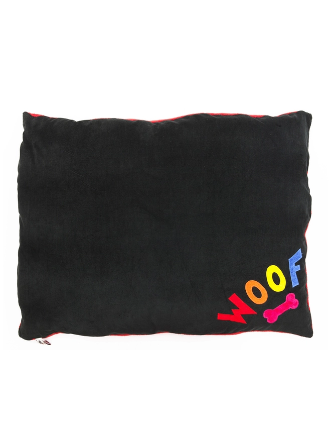 Rainbow Woof Dog Bed on Black Velvet