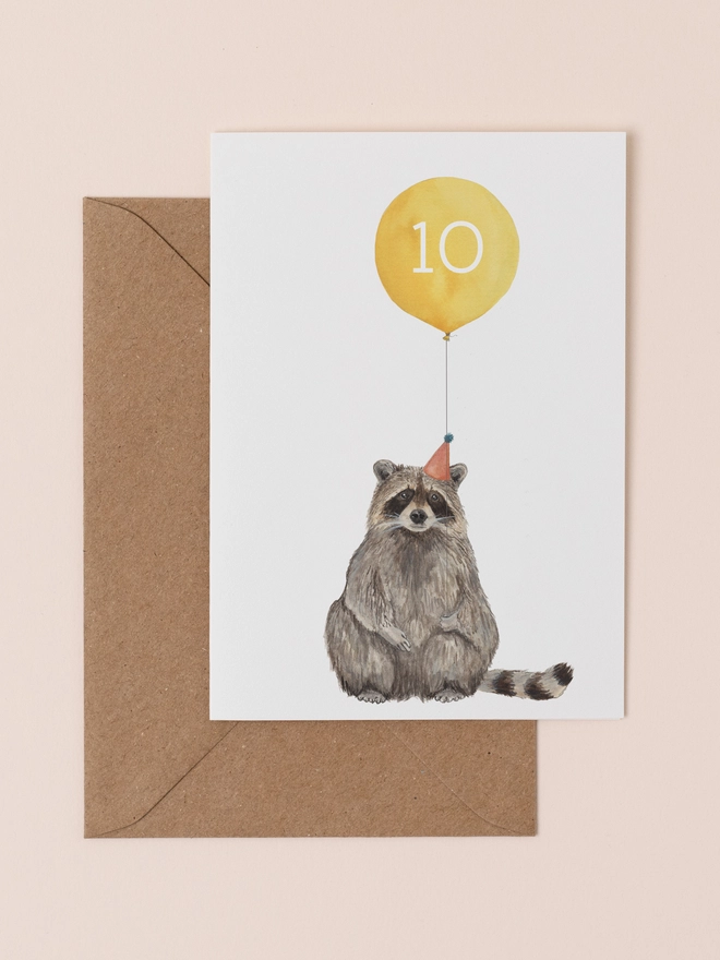 Raccoon tenth birthday card