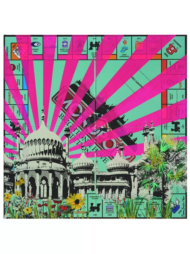 Monopoly Board with Brighton Pavilion printed on top with bright pink stripes