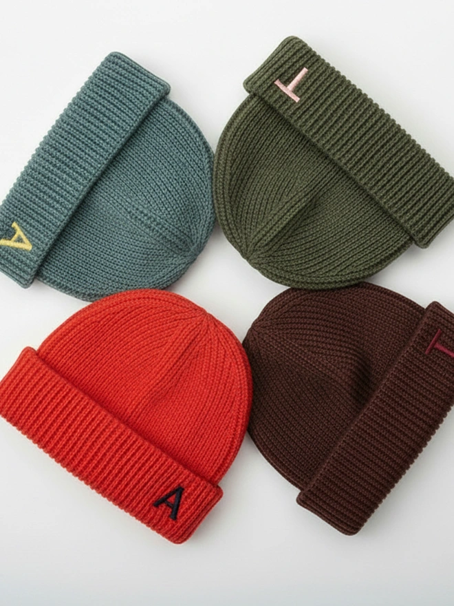 Personalised Embroidered Letter Beanie in Walnut, Red, Marina Green and Olive Green