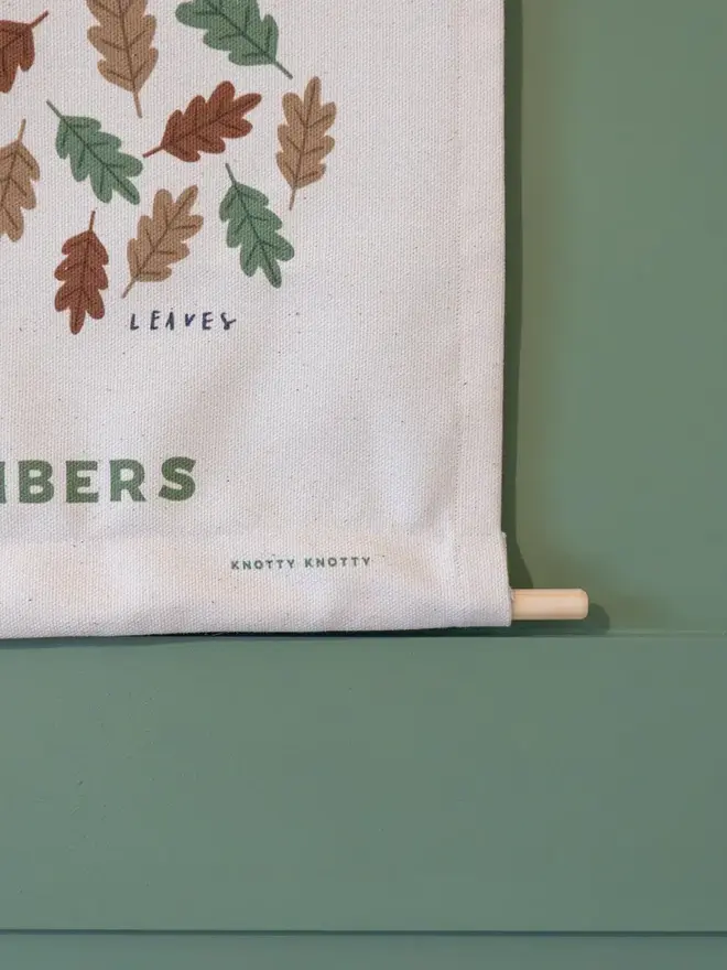 Woodland Numbers Fabric Banner, against a green wall. 