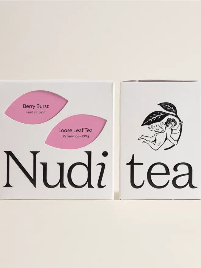 berry burst tea in white box with pink leaf design