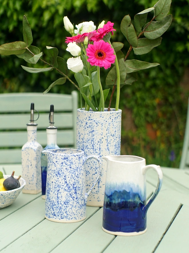 ceramic blue jug, ceramic jug, pottery jug, ceramic gift, Blue jug, speckled jug, splatter jug, navy jug, kitchen gift, home gift, Jenny Hopps Pottery