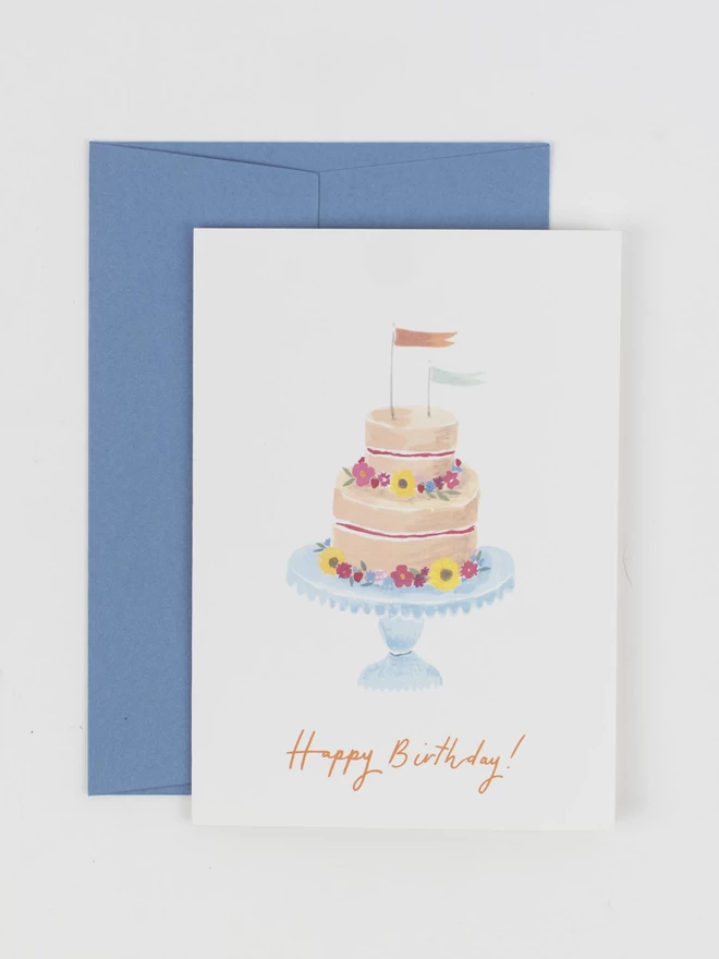 A birthday card featuring a two tier birthday cake, decorated with flowers and flags. On the front of the card is "Happy Birthday!" written in delicate orange calligraphy