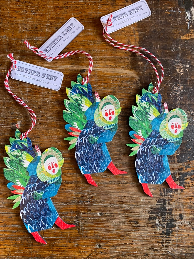 Esther Kent Snging Angel blue, red and green hanging angel decoration laser cut from wood