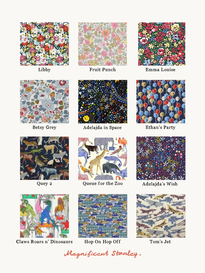 the choice of 12 Liberty Print swatches including floral prints, zoo animals, cars and planes