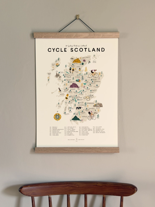 Cycle Scotland Map print framed on a wall