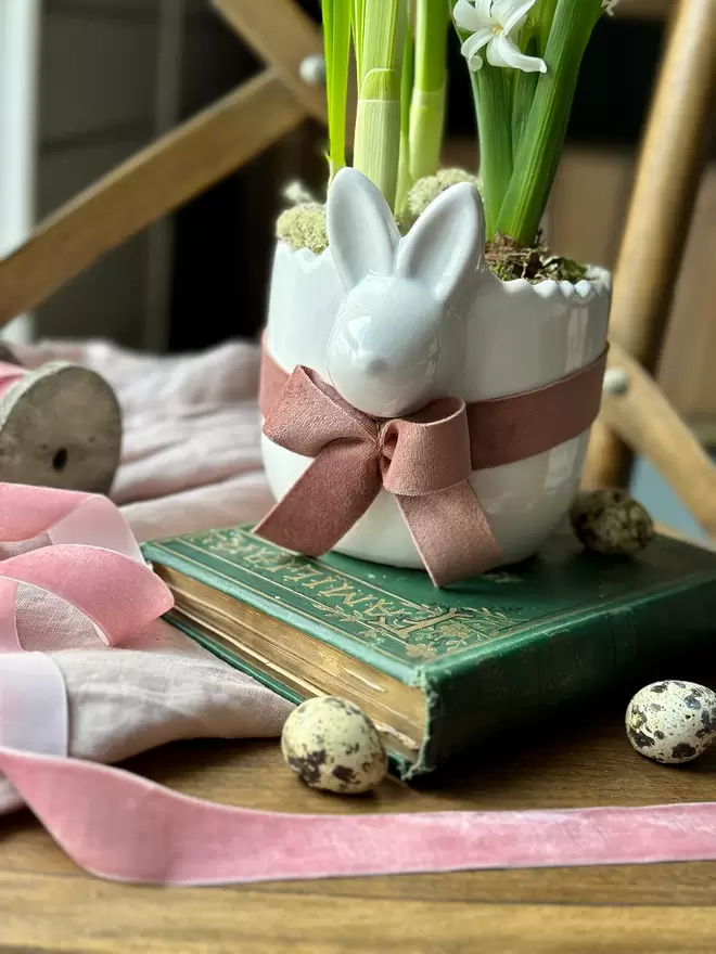 Ceramic pot with sculpted rabbit face. Filled with spring flowering bulbs. Sitting on vinatge books with pink velvet ribbon.