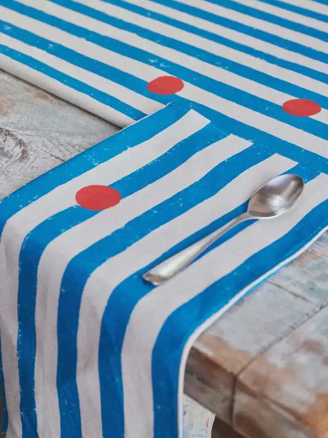 Blue stripe red dot table runner 