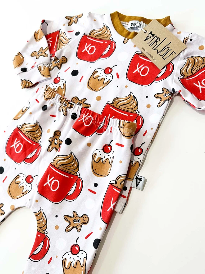 Baby and toddler lounge set in a festive Christmas hot cocoa print