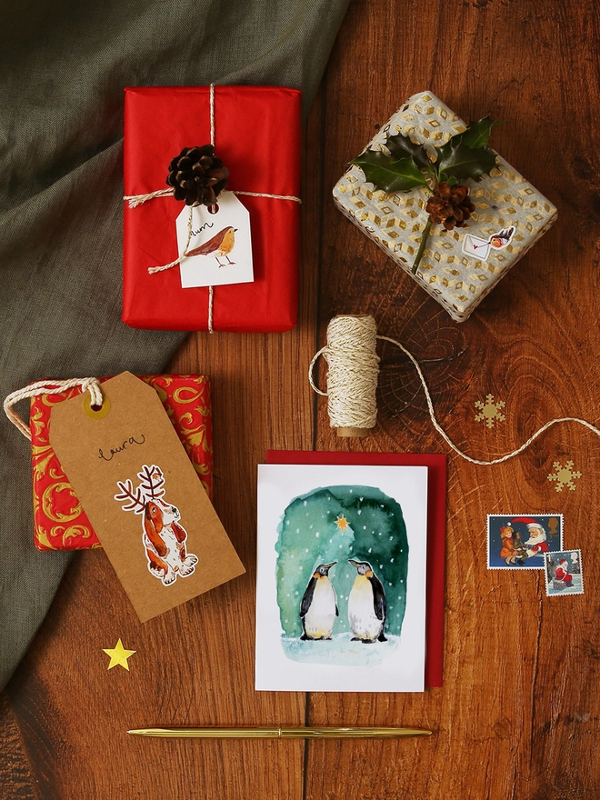 Two Emperor Penguins Mini Christmas Card