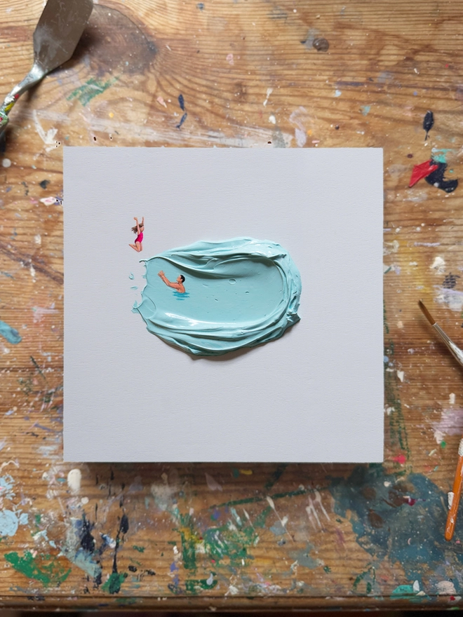 An original hand painted artwork, of a dad catching his daughter jumping into water, the pair are submerged in water made from a thick stroke of blue paint