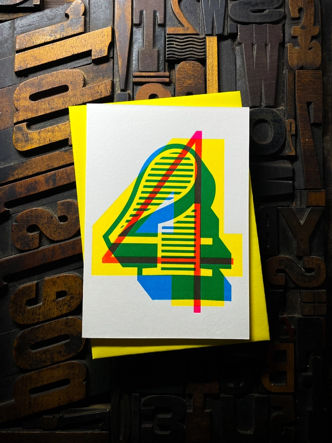 4th birthday anniversary milestone typographic letterpress card with deep impression print. Very colourful and vibrant. They show slight colour variations adding to the style anding to the charm of this handmade greeting card.