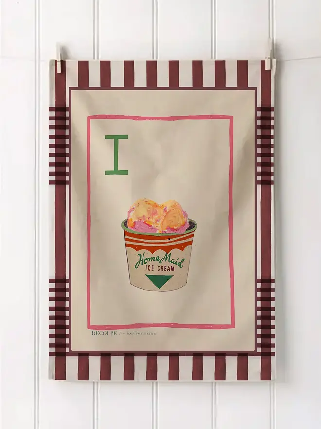 a-z alphabet tea towel. a tea towel with an ice cream print and the letter 'i' in the corner.