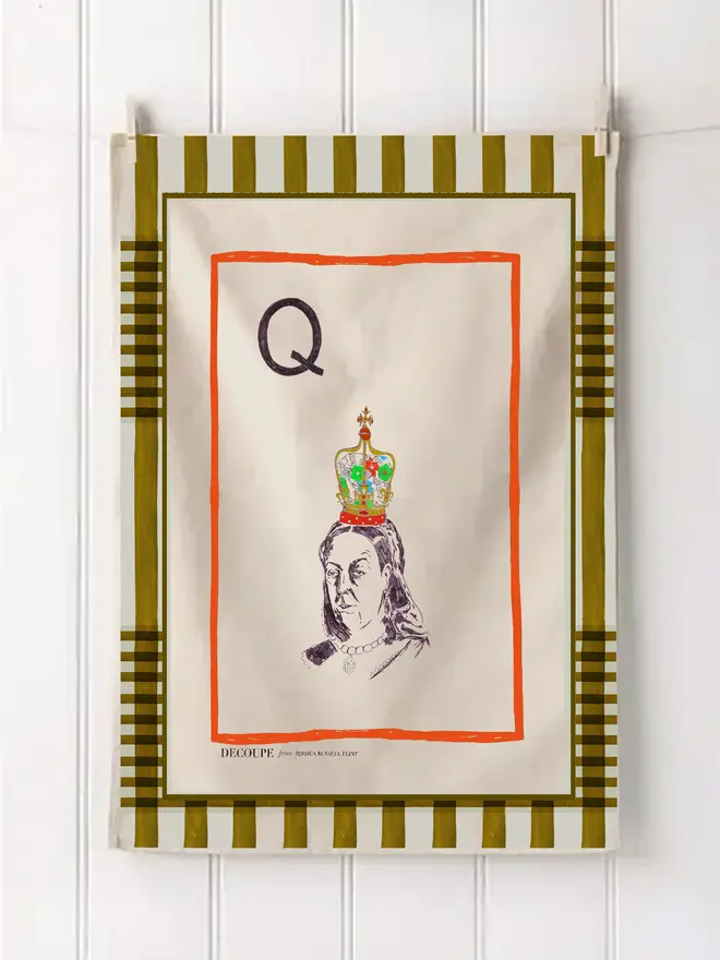 a-z alphabet tea towel. a tea towel with a queen print and the letter 'q' in the corner.
