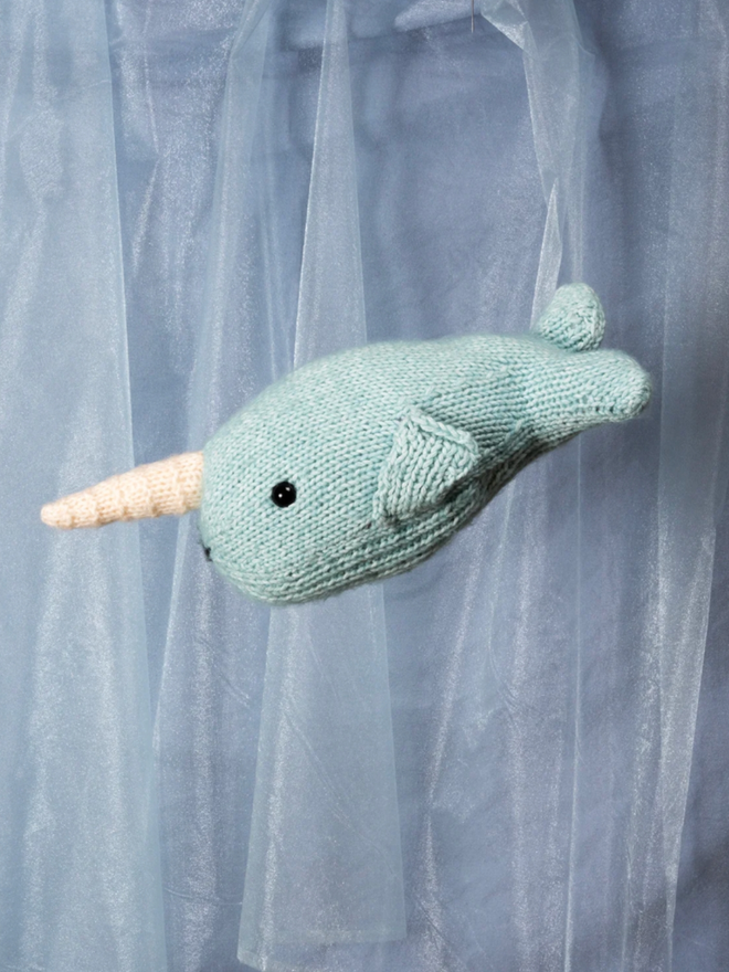 Narwhal Knitting Kit. A knitted narwhal.