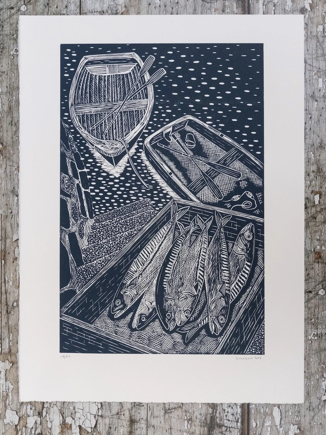 Picture of 2 Rowing Boats and some freshly caught Mackerel, taken from an original Lino Print 