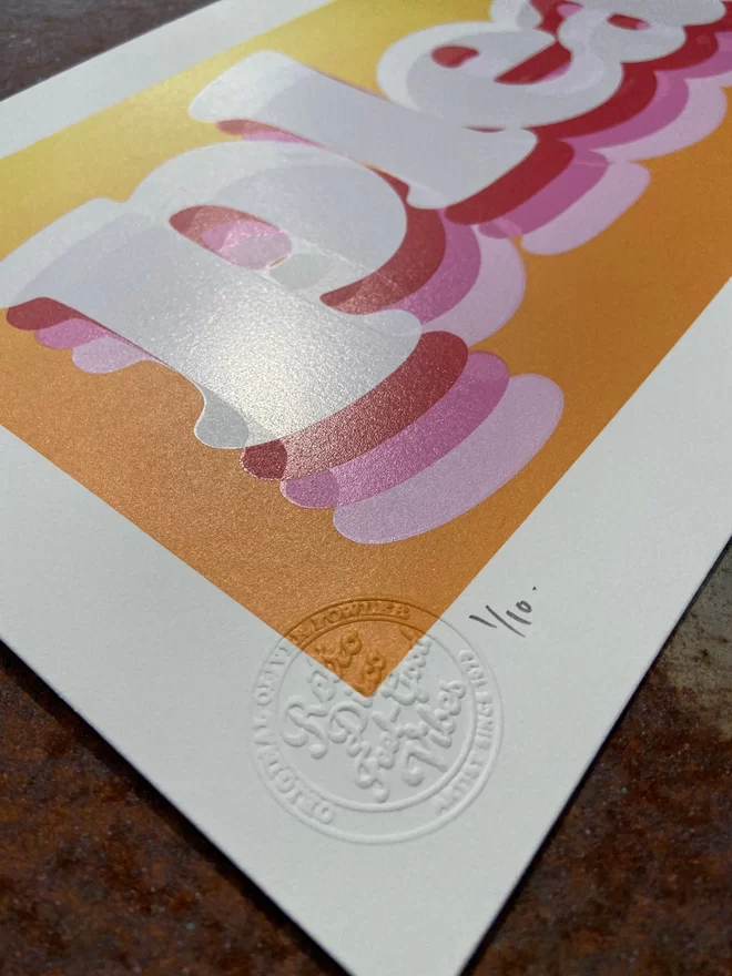 "Pleasure" Colour Blend Screen Print fading from orange to yellow with the word pleasure printed on top indifferent shades of pink and white 