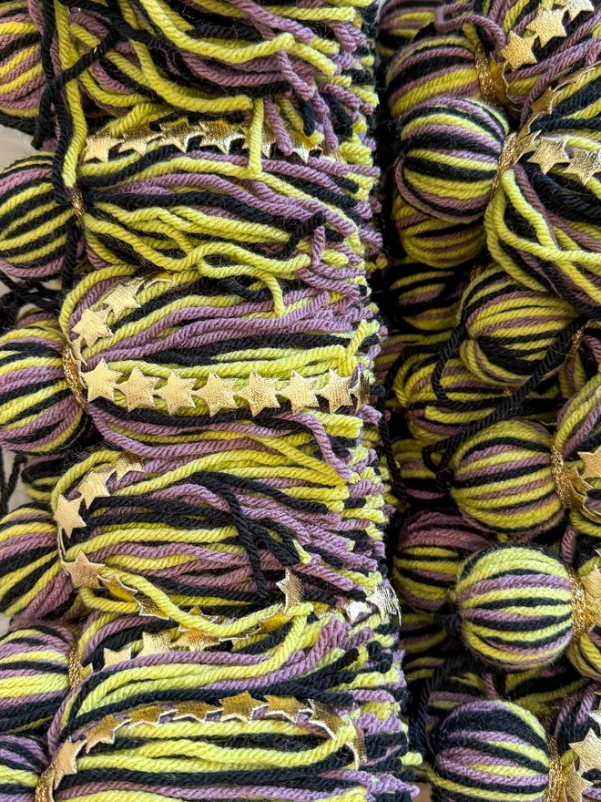 Happy Halloween Handmade Fabric Banner with Purple, black and green tassels with star detail and gold bullion trim