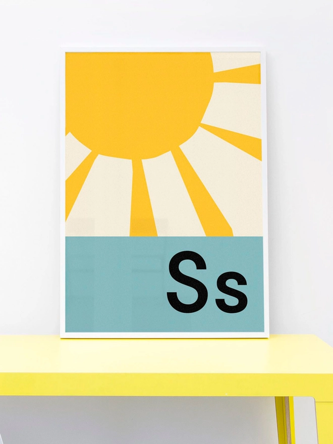 framed illustrated sunshine wall print with letters Ss