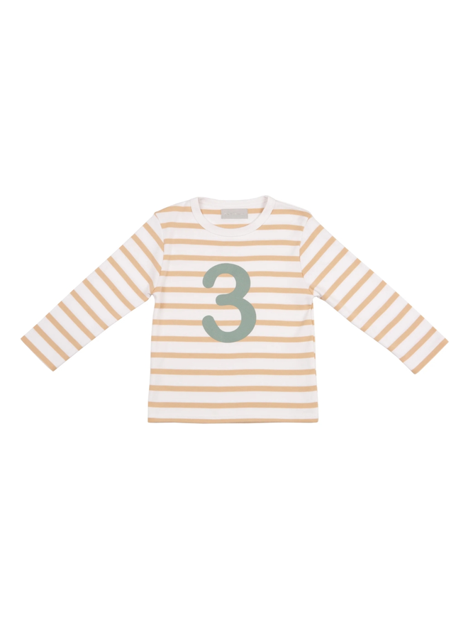 Biscuit & White Breton Striped Number 3 T Shirt (Green)