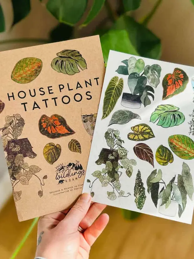 Nature Botanical Temporary Tattoos,  a brown kraft paper booklet titled "HOUSE PLANT TATTOOS" featuring various colourful botanical illustrations.