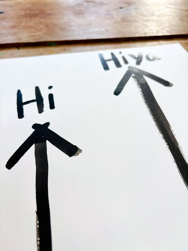 'Hi, Hiya' wordplay artwork in ink