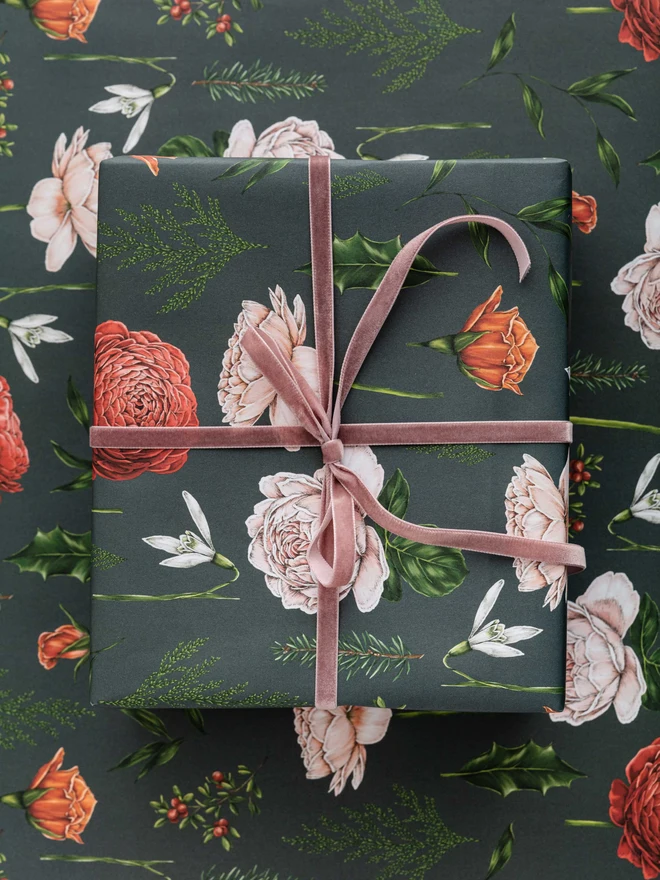 navy base christmas wrap with red and pink roses