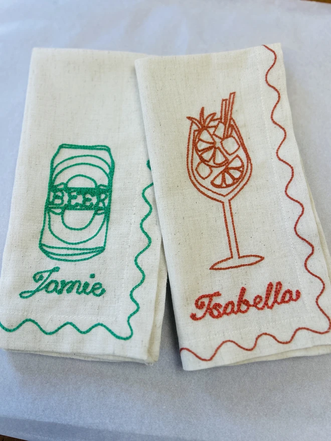 beer and aperol spritz embroidered couples cocktail set