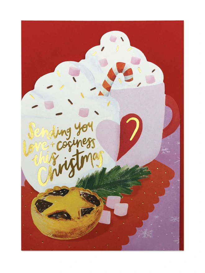 ‘Sending you love & cosiness this Christmas’ Hot Chocolates and Mince Pie Design Christmas Card | Raspberry Blossom