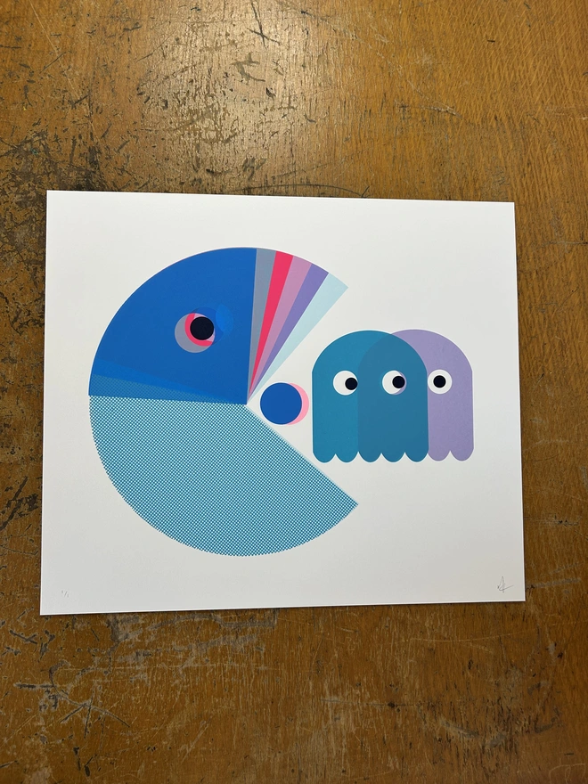 Retro Acrade Games Monster with Ghosts, Screen Print in Blues and Lilacs