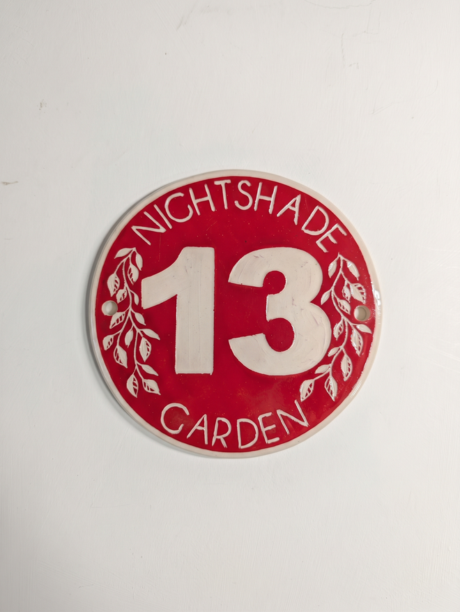 Red Custom Made Round Ceramic Door Number with Sgraffito Leaf Pattern Decoration
