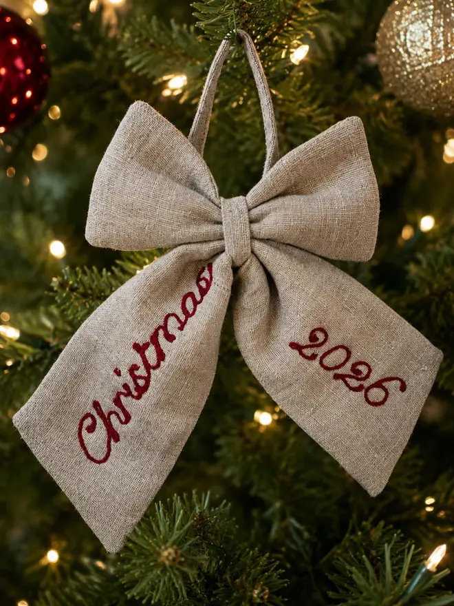 Personalised Embroidered Linen Bow Tree Decoration dark red