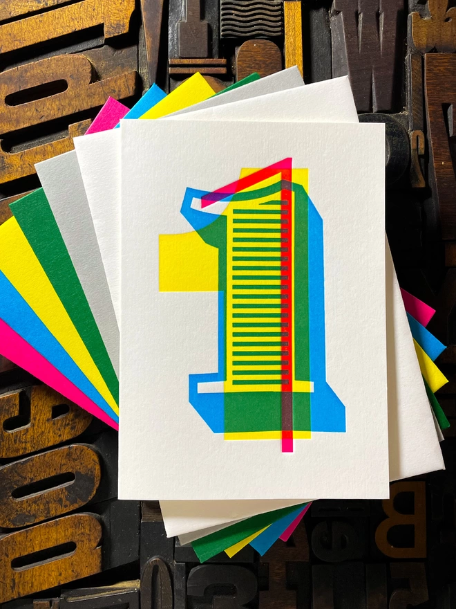 1st birthday anniversary typographic letterpress card. Deep impression print. Unique with no print being the same. They show slight colour variations adding to the style. Also available in other milestones : 2, 3, 16, 18, 21, 30, 40, 50, 60, 70, 80.