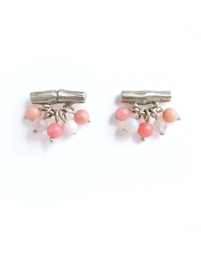 Bamboo bauble studs in sterling silver with pink gemstones