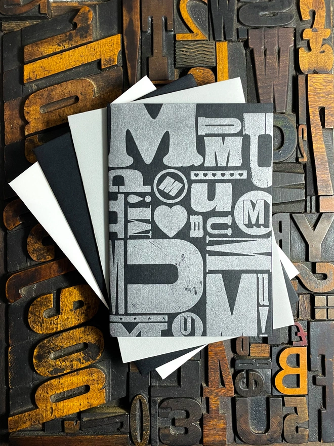 A deep impression letterpress printed mother's day card. Metallic silver ink on traditional printed type blocks. Printed by hand on my 1915 Arab Crown Folio Press. Comes with a range of matching coloured envelopes.