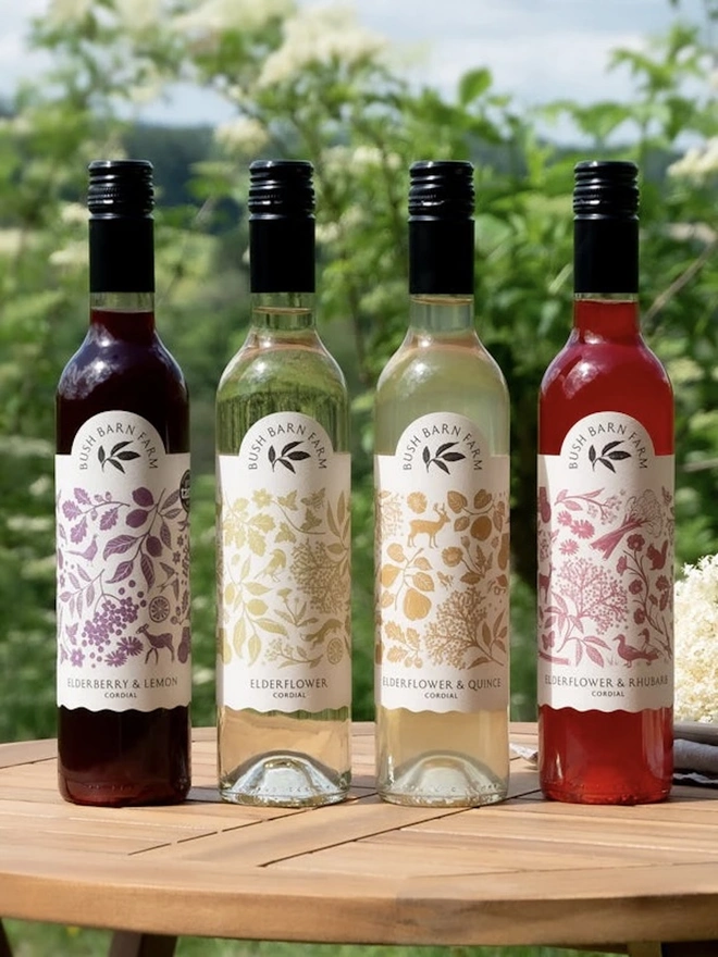 Build Your Own Gift Box (Set Of 4), a collection of four cordials sitting on a wooden surface. 