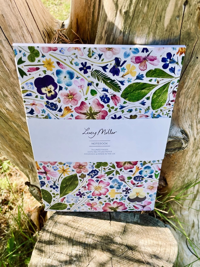 Nature-Inspired Notebook with Pressed Floral Pattern Cover, 'Lucy Miller' Branded Belly Band