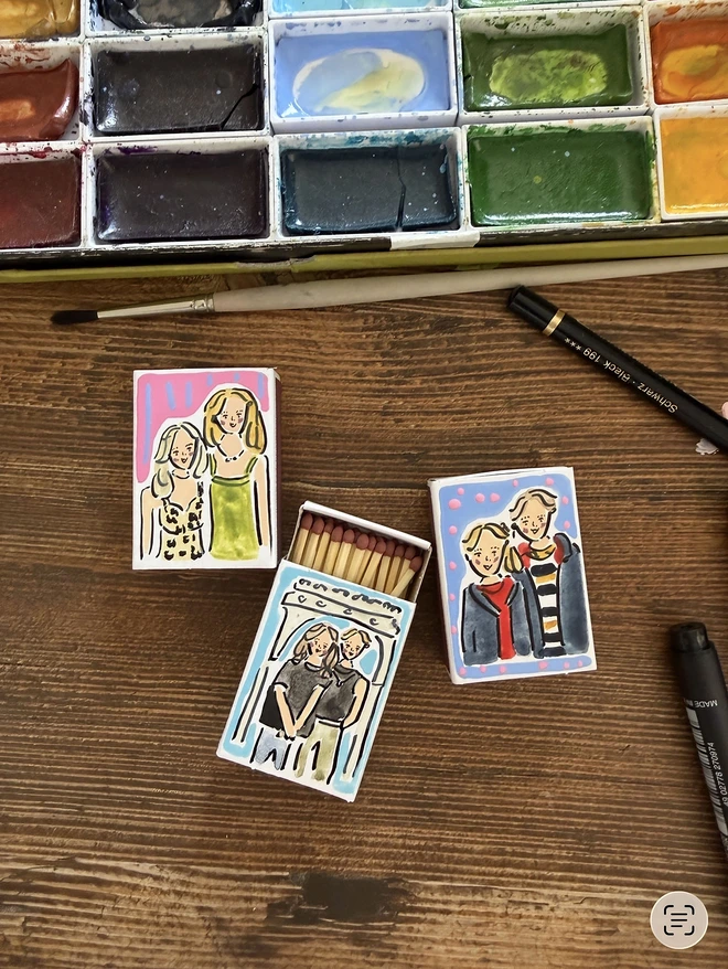 Personalised Matchboxes hand painted portrait mini set of three