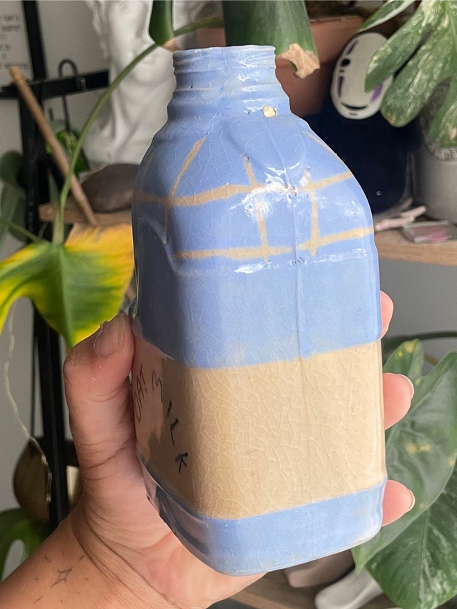 blue oat milk bottle ceramic vase