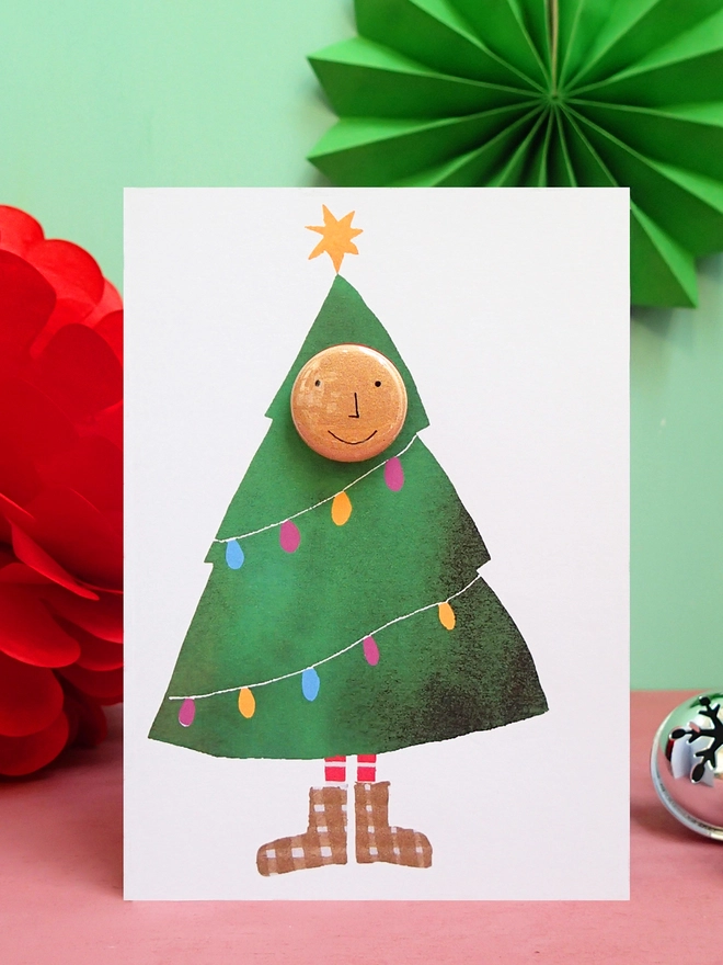 christmas tree costume greeting card with pin badge