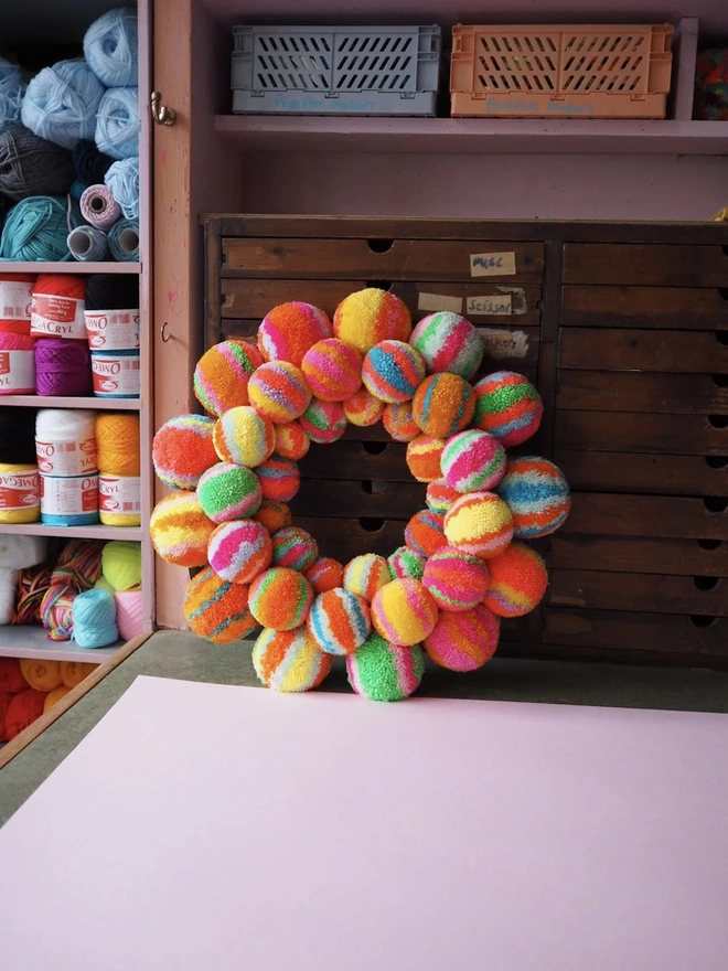 Handmade Rainbow Pom Pom Wreath